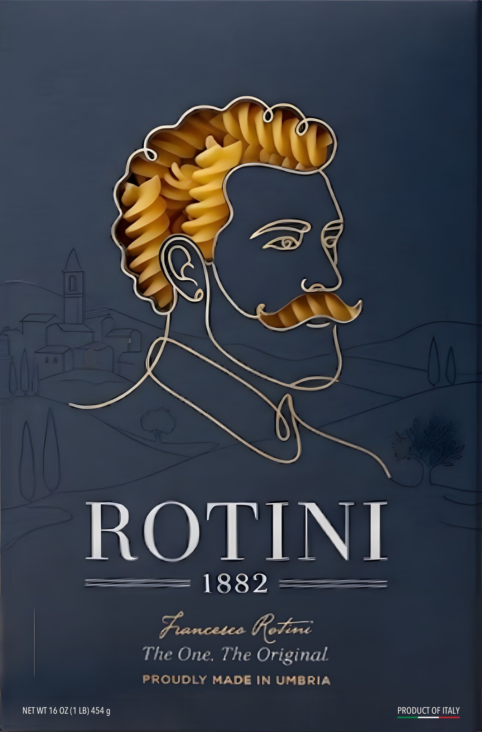 Front of the box: Francesco Rotini drawn in a single gold line, his curls and moustache cut out to show the fusilloni