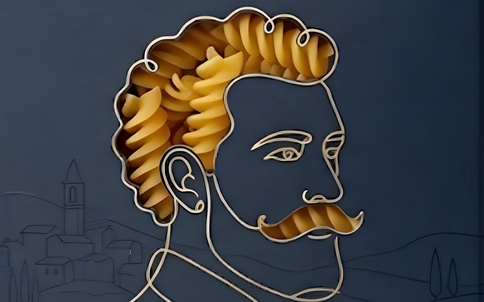 Close-up of the gold line portrait and the fusilloni showing through the curls