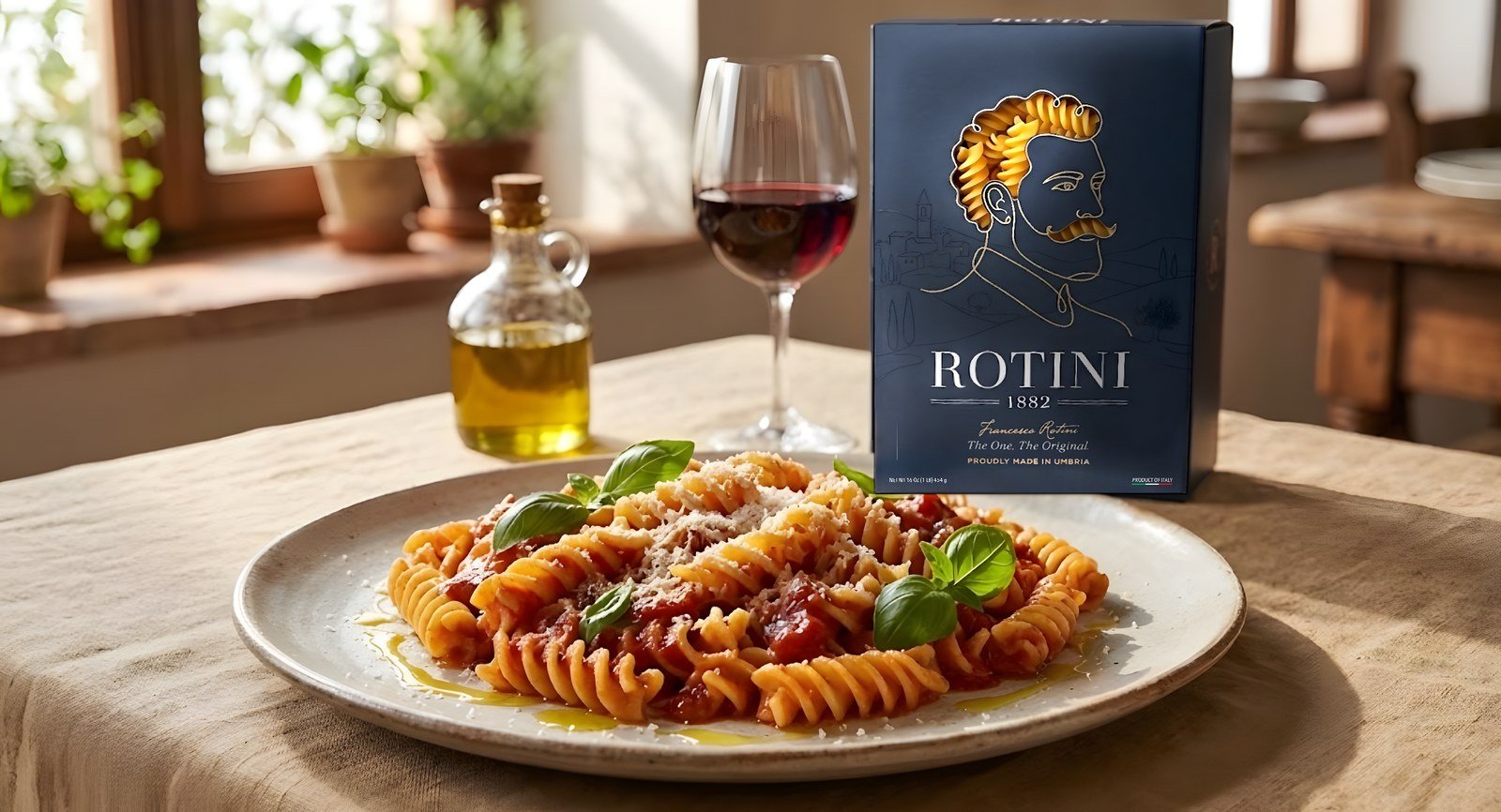 Giant fusilloni with tomato and basil, grated Parmigiano, red wine and olive oil, the box behind
