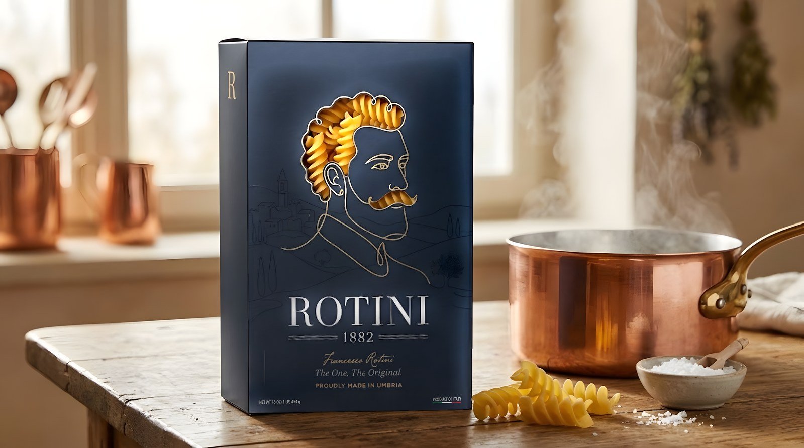 The box on an oak table in an Italian kitchen next to a copper pot of boiling water