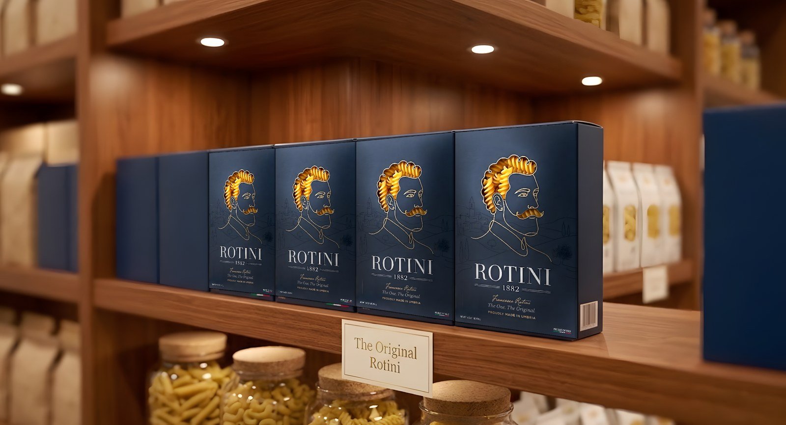 A row of Rotini 1882 boxes on a wooden shelf in a gourmet store, with a card reading The Original Rotini